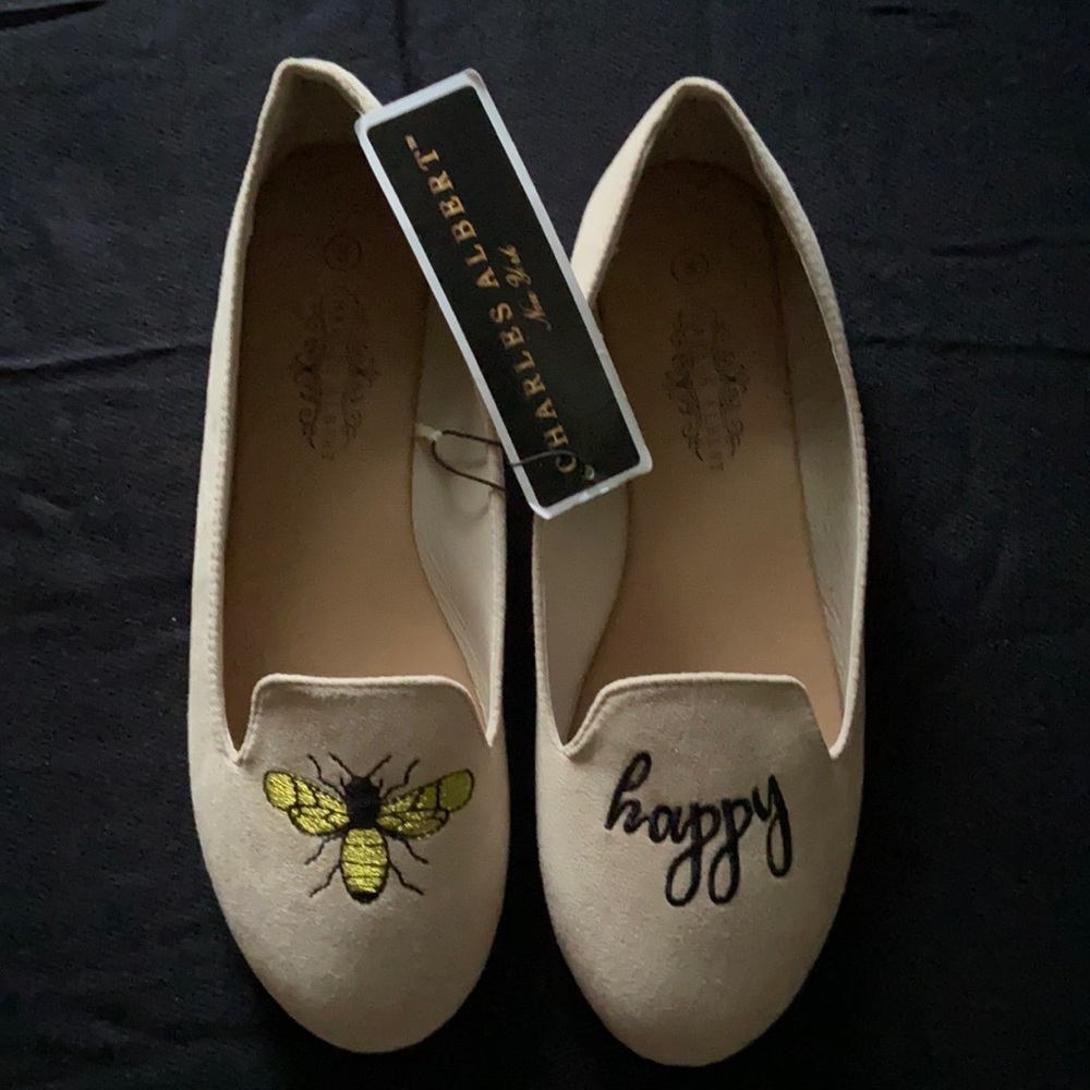 Charles Albert Beige Suede Flats with Yellow Bee Embroidery